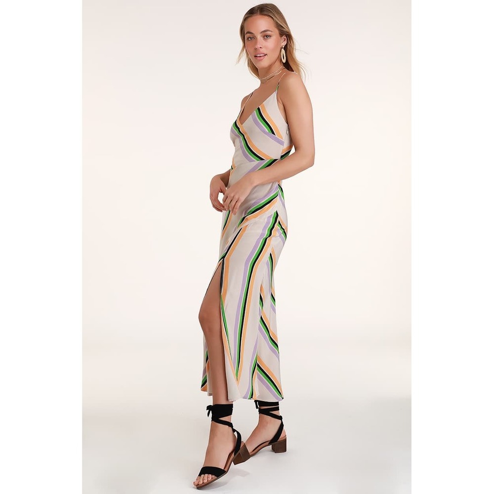 ASTR The Label Midi Dress Womens S Multicolor Striped Slit Boho Party Cocktail